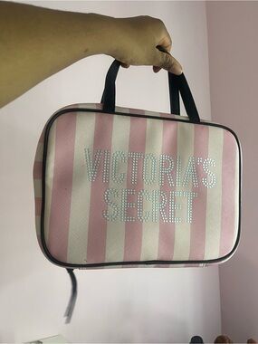 RARE Vintage Victoria's Secret Pink & Cream Striped Cosmetic Case